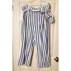 Halogen White Izzy Striped Tie-waist Cropped Wide-leg Coastal Grandma Pants